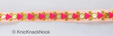 Peach Tissue Fabric Trim with Pink & Gold Embroidery With Gold Sequins, , Lace Trim By 2 Yards Indian Decorative Trim